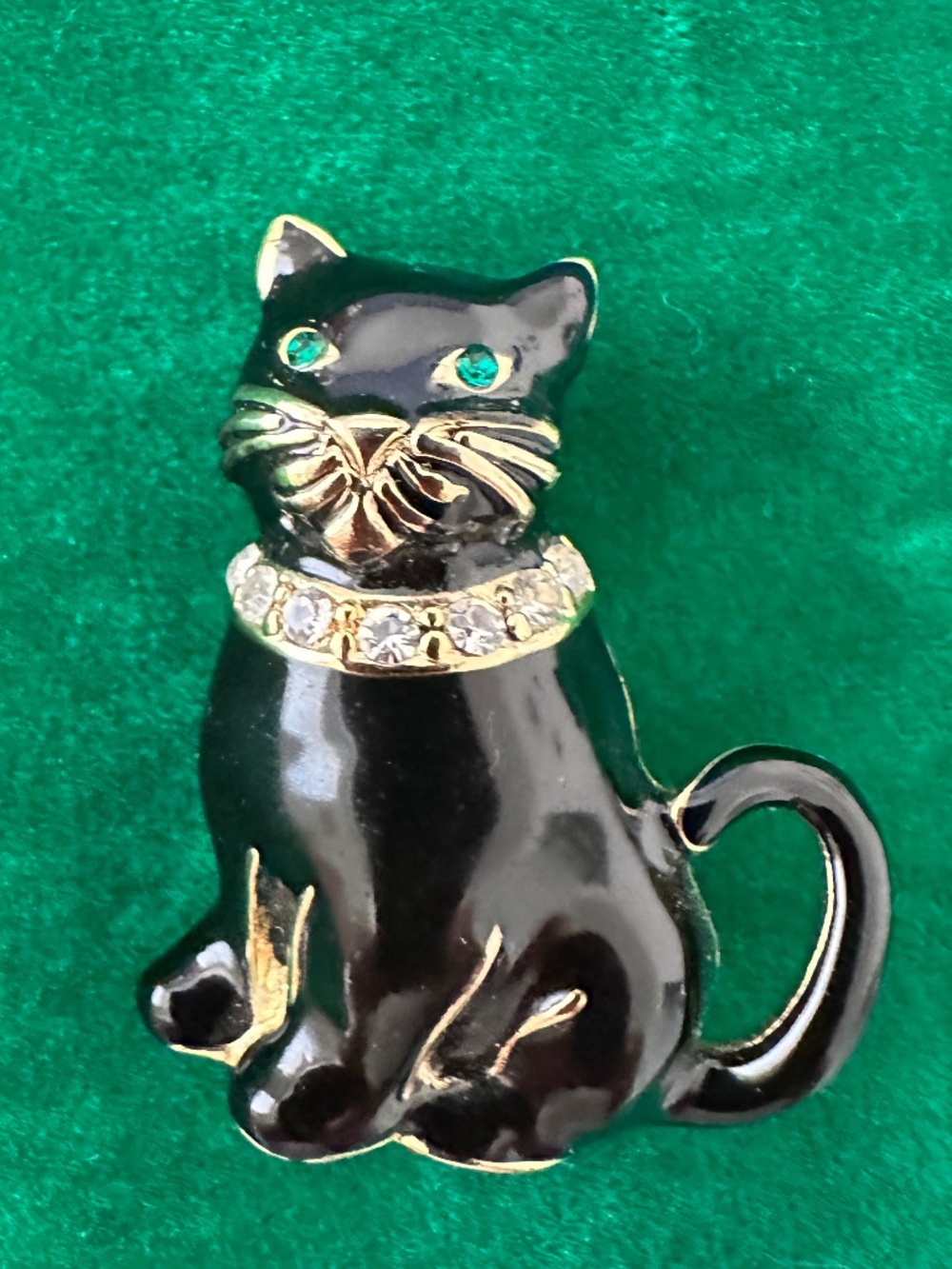 Vintage Monet Black Cat Pin Rhinestone Collar Green Eyes Enamel